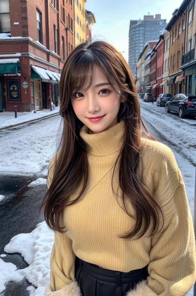 (masutepiece:1.3, Photorealsitic:1.4, 8K), top-quality, ​masterpiece, 超A high resolution, Perfect dynamic composition, Highly detailed skin and facial texture:1.3, A detailed eye, Detailed limbs, Snow flutters:1.2, Street corner in snowy country:1.2, 1girl in, Full Body Pose, Cute sexy 22 year old slim woman, Fair skin, tilt the neck, Facing the front, ((voluptuous breasts:0.9), ((A smile:0.9, Totally captivates you:1.1)), (wearing a fluffy brown fur coat:1.2), (Wearing a yellow long-sleeved turtleneck sweater:1.1), High waist short skirt, (Beautiful blue eyes, Eyes that feel beautiful eros:0.85), Sexy face:0.4, red blush:1.1, (A mouthfeel that feels beautiful eros:0.85), ((Too erotic:0.9))