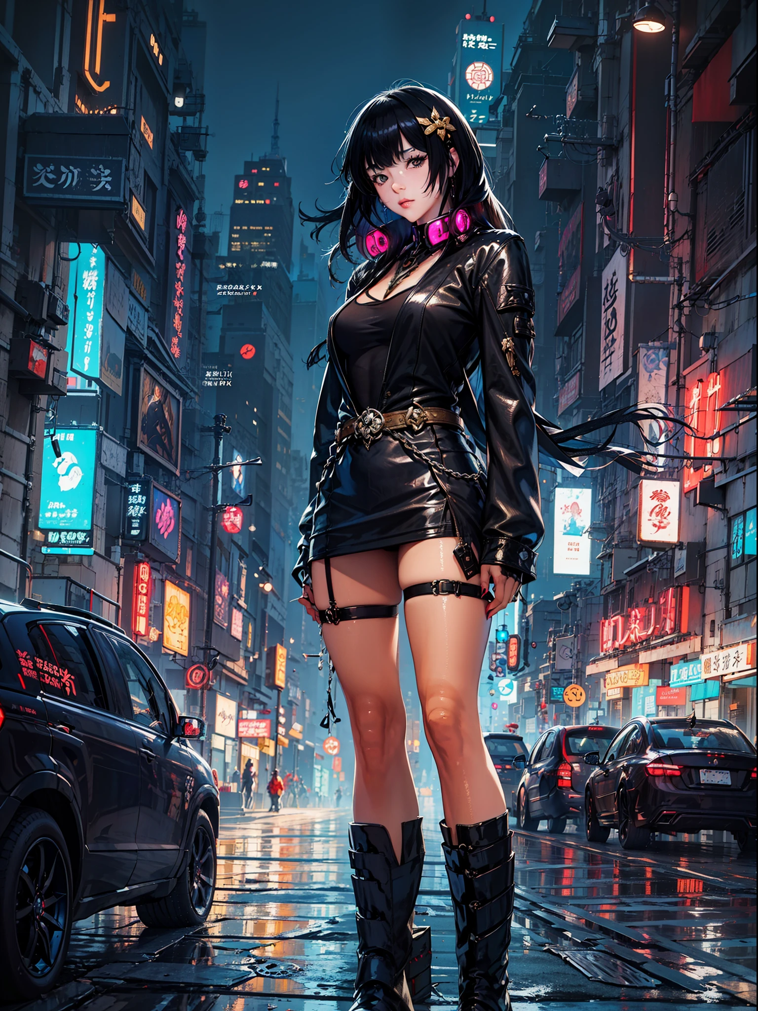 Anime girl standing on city street in leather skirt and black erotic lingerie, long-haired Ilya Kuvshinov, Guviz style artwork, anime art wallpaper 8 K, Guvitz on art station Pisif, Guwiz on Pisiv art station, cyberpunk anime art