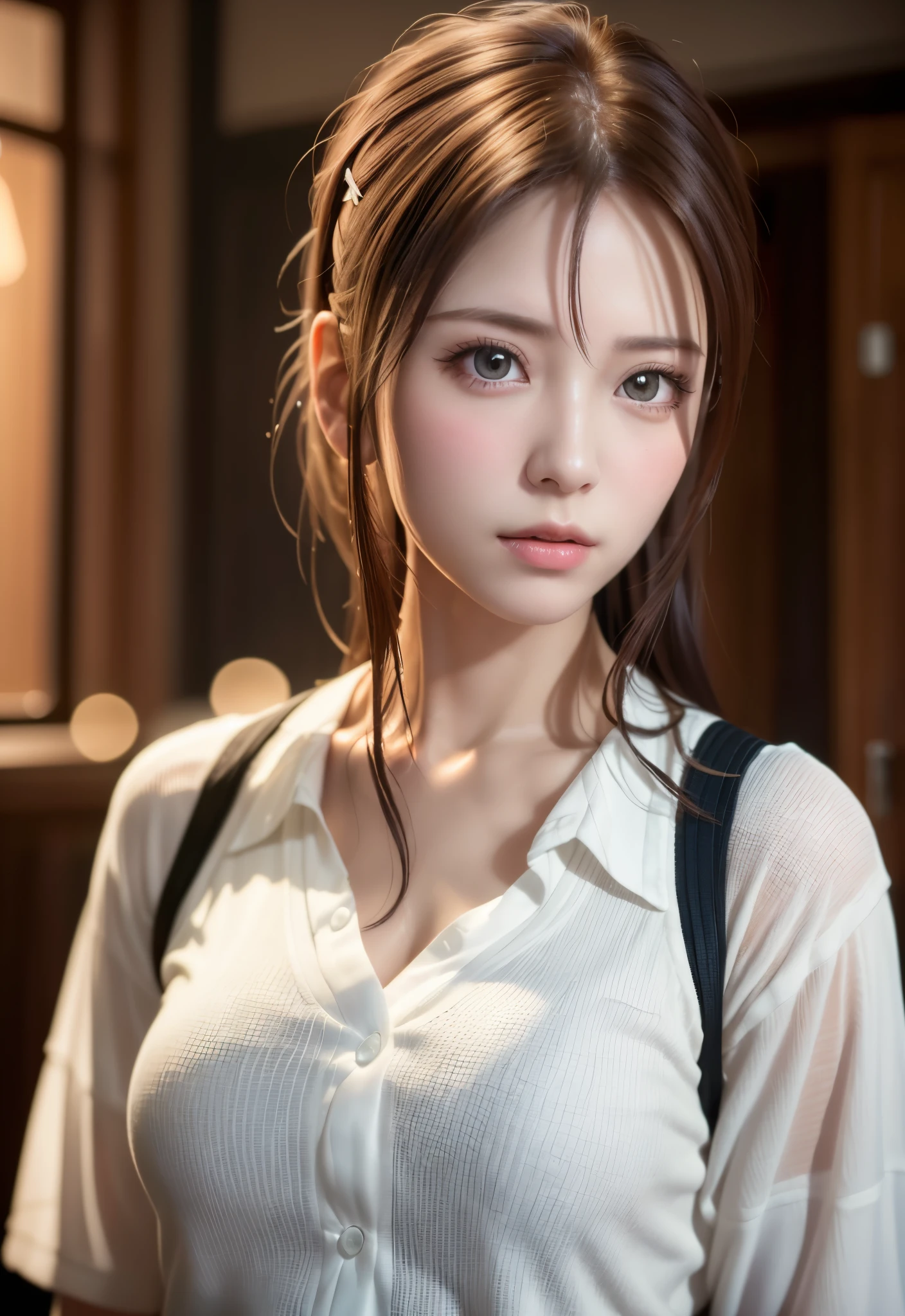 8K, of the highest quality, masutepiece:1.2), (Realistic, Photorealsitic:1.37), of the highest quality, masutepiece, Beautiful young woman, Pensive expression, Sweet look, Sexy white shirt、Hair tied back, Messy mood, Cinematic background, Tired, Light skin tone