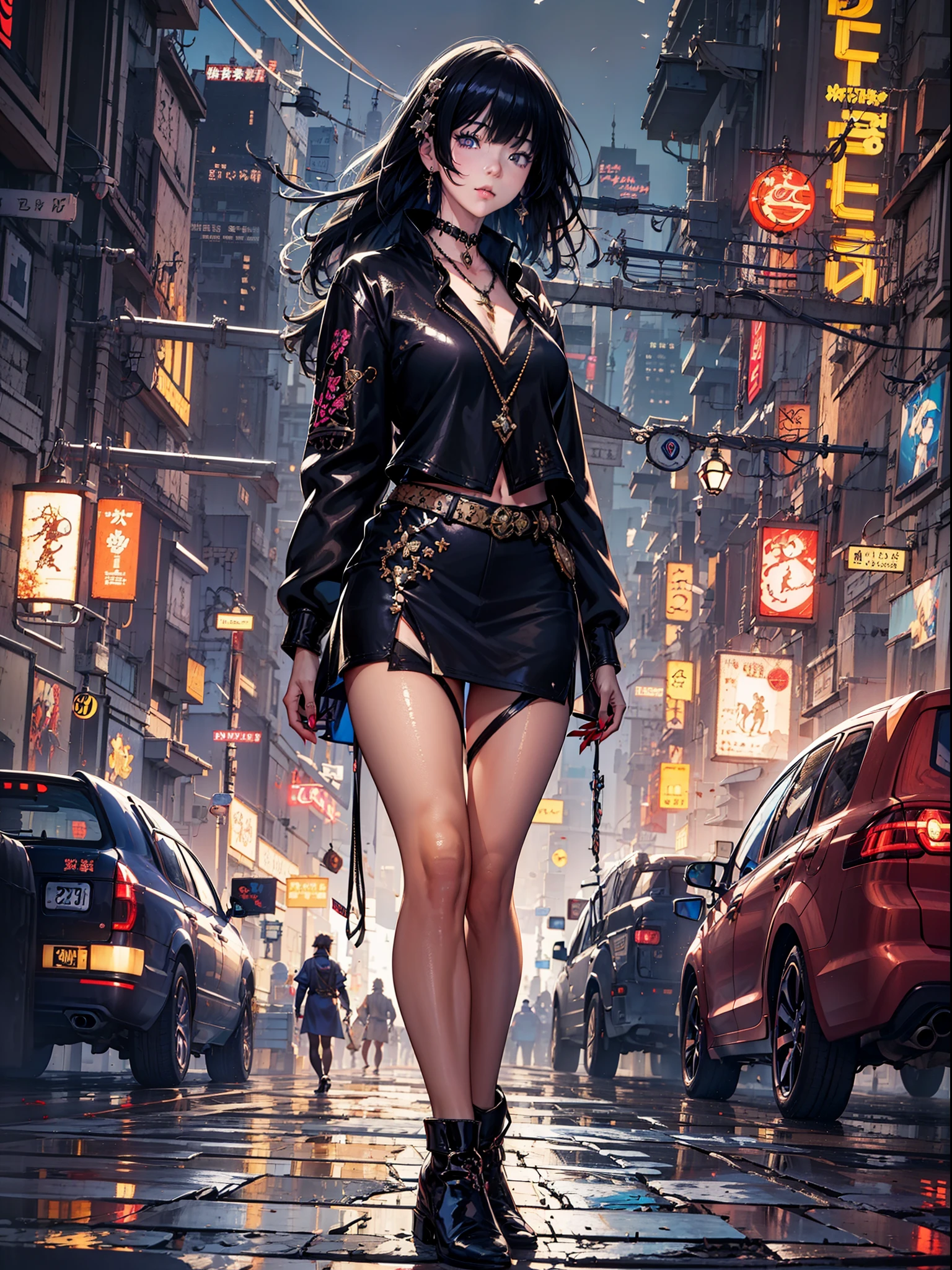 Anime girl standing on city street in leather skirt and black erotic lingerie, long-haired Ilya Kuvshinov, Guviz style artwork, anime art wallpaper 8 K, Guvitz on art station Pisif, Guwiz on Pisiv art station, cyberpunk anime art