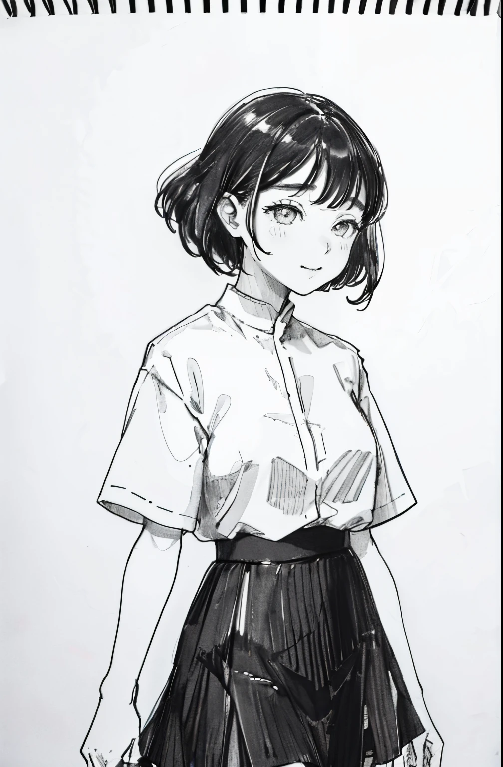 1girl in,line-drawing,monochromes,sketch,magic line、thickline、Pencil drawing,Traditional Media,1girl in, black skirt fence, A dark-haired,shortsleeves, Skirt, Solo、Cute woman in her 20s, ,Beautiful portrait、Delicate body、full body Esbian、look up to、bobhair、shorth hair、Patsun、deadpan、校服、エロ、tits out、ssmile