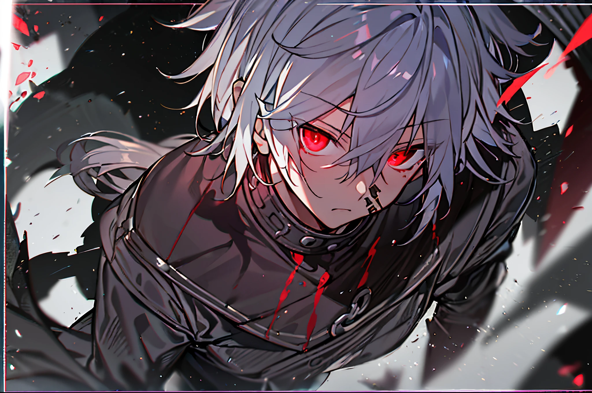 hight resolution,close range、Anime boy with white hair and red eyes staring at camera, Glowing red eyes,slim, dressed in a black outfit,Shadow Body,Brown skin、monochromes,hair messy,Straight face、(glareing)、Diagonal angle、bleed