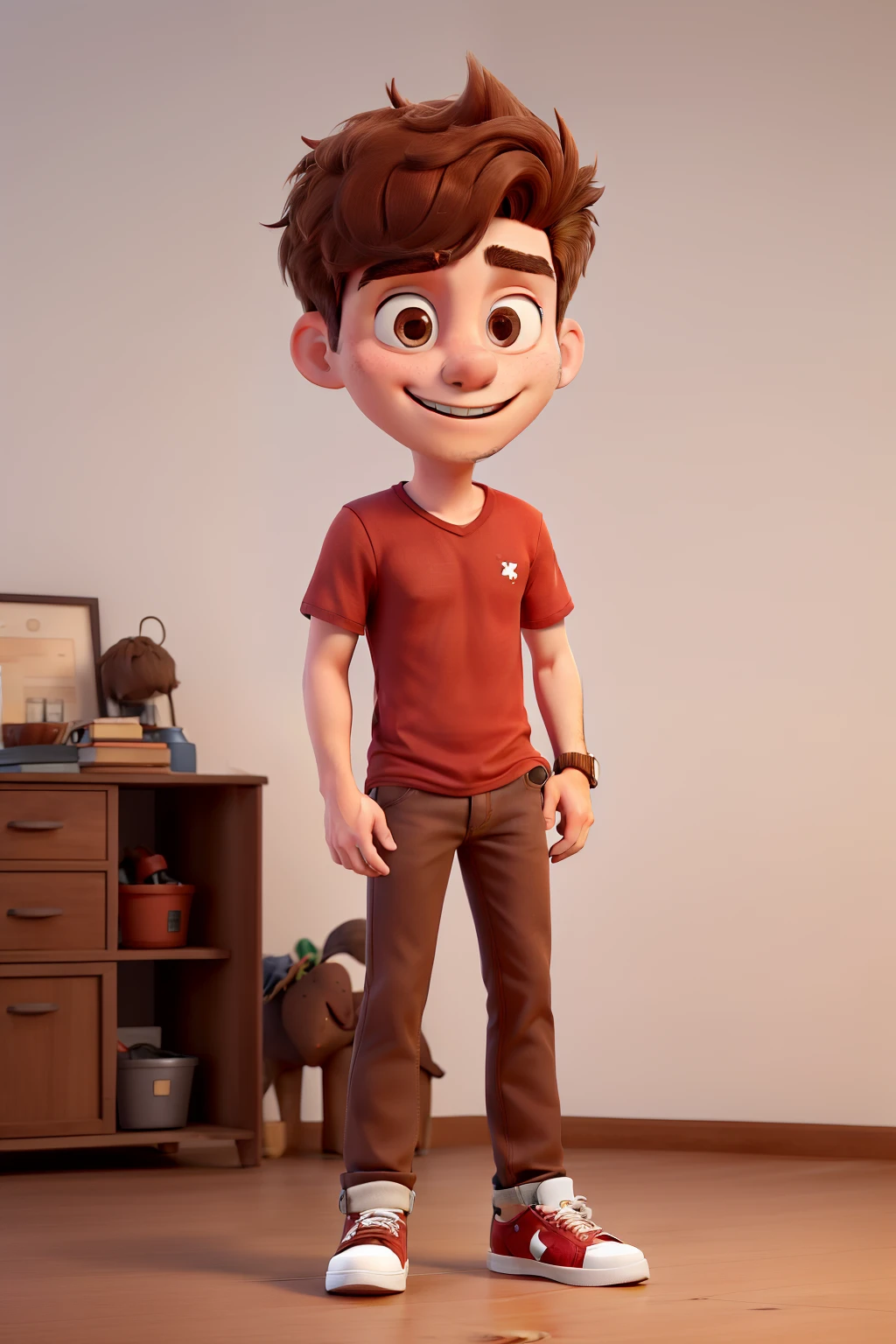 22-year-old young man with light brown hair and goatee, red shirt, dark jeans, white sneakers