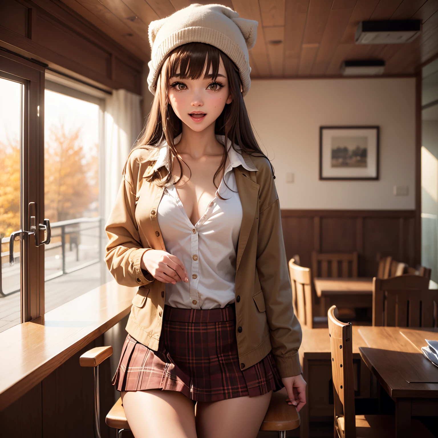 1girl in, Autumn leaves, Bangs, black headwear, Blurry background, blush, Brown eyes, Brown hair, （Accurate Hand Modeling）,Brown skirt,  Cowboy Shot,Beanie, Holding,Long hair, Looking at Viewer, Open mouth, Open Shirt, tuck out the shirt, Smile, Solo, Extremely detailed, Convoluted, masutepiece, absurderes,sit naked in a hotel chair,White panty,open one's legs,