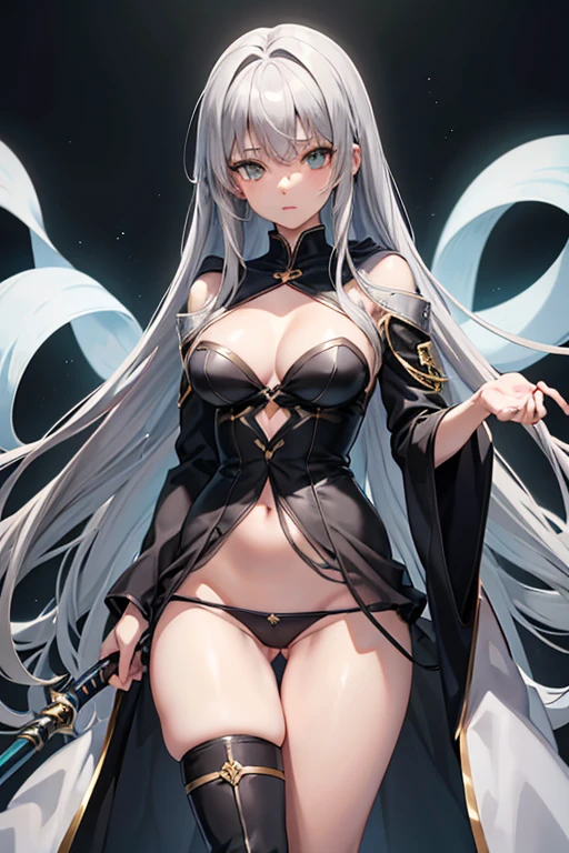 anime image of a girl with gray hair and a gray cape, green colored eyes, Girl in revealing clothes, rogue anime girl, pin on anime, long gray robe, gold edging, little chest, bare breast, bare thighs, no panty, knee boots, dark-skin, , Assassin, stands.