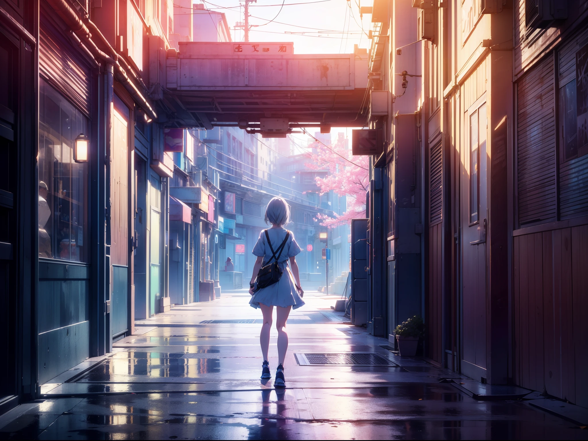 1 cute girl, walking on abandoned arcade street, cinematic lighting, close to viewer, character focus,(from below :0.8) ,((one-point perspective)), high resolution,(incredibly absurdres) ,extremely detailed CG unity 8k wallpaper, ((masterpiece)), ((top-quality)), (beautiful illustration,background Tento), ((an extremely delicate and beautiful))