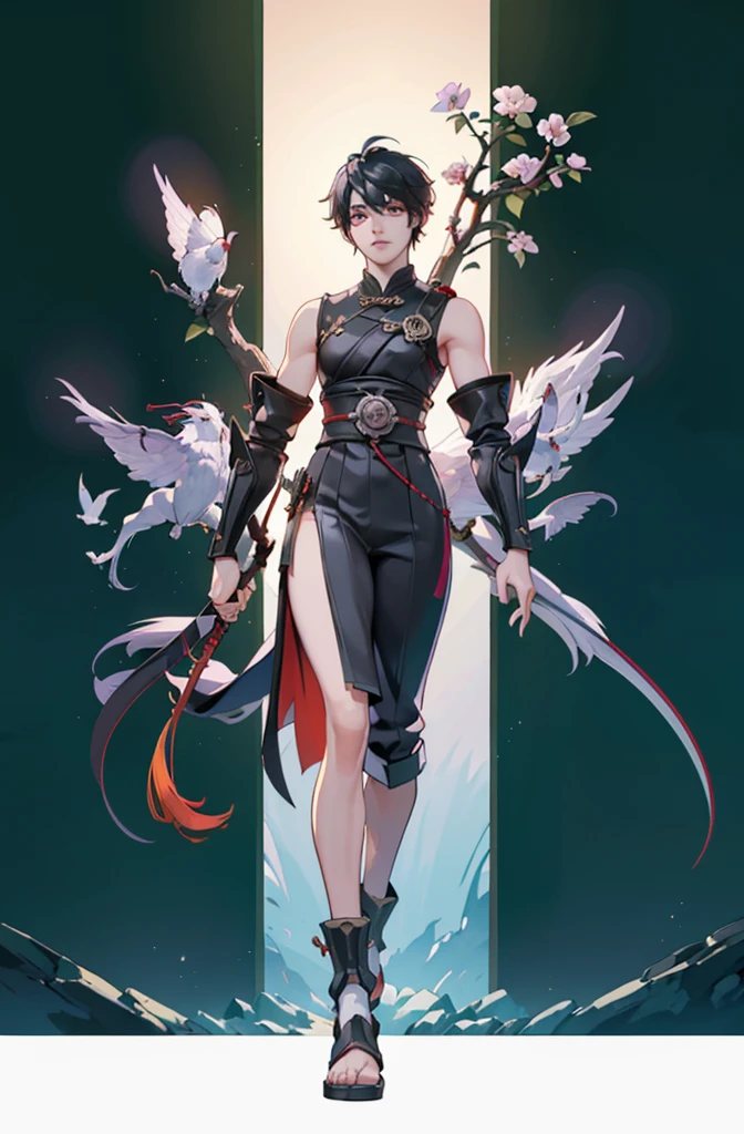 01_(Stylized character concept art), (1.full body figure), (3D character concept), (game character design).
(Description of the hero), (a young man, a Shaolin monk who combines traditional elements of ancient Chinese martial masters and modern urbanized details of appearance). (A smoothly cropped head, a piercing gaze, this is a fighter, an artist, a cyber-mage. He has a strong, slender physique, a bald head, a strong neck, shoulders, arms, and slender legs). (Dressed in a loose silk kimono, decorated with traditional Chinese patterns; flowers, peonies, skulls, and birds. A wide belt girds a strong torso, the open chest is covered with rosary beads. Arms and legs are protected by combat protective elements in a futuristic style, cyberpunk, cyber fighter. ! On her feet are cool white sports shoes, with thick soles!). (His weapon, the magic of fine arts, is armed with a long pole, this is a technological device, vaguely reminiscent of a traditional fighting pole, metal, electronic, cyber weapons. With the help of virtual images, the Fighter Monk is able to recreate various elements in space; dragons, demons, birds, flowers, and dead people. Depending on the level of accumulated energy and the presence of “primary elements”).
02_Image made in the style of a concept sheet, white empty background, (one character, full height), weapon in hands, (01_option, spectacular dynamic - combat pose with a pole, creates a combat phantom in space), (02_ option, standing relaxed - meditatively contemplative image). (Clothing colors, muted orange, metal elements, plastic; Cyberpunk style, future fighter).
03_Stylization, game character concept, white background, one full-length hero. Stylization; fantasy - cyberpunk, Riot Games, League of Legends, World of Warcraft. 3D character, game model, high quality – artistic hand-drawn 2D textures; (diffusion, transparency, glow, relief.) Rich, balanced color scheme, linear graphic outline in black.