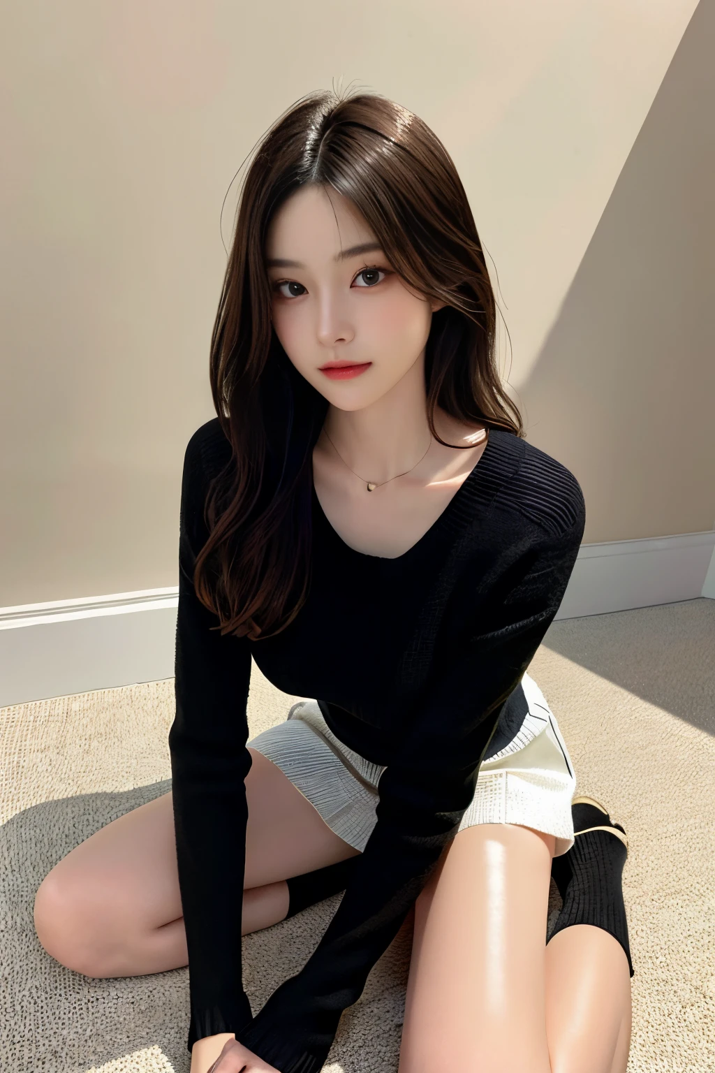 超A high resolution,masutepiece,Best Quality, Kneeling、sitting down on the floor、
extremely delicate face,Detailed eyes,very intricate,perfect glossy shiny skins,Perfect Lighting,Detailed Lighting,Dramatic shadows,Ray tracing,
1girll,full body Esbian,Black sweater,medium breasts、