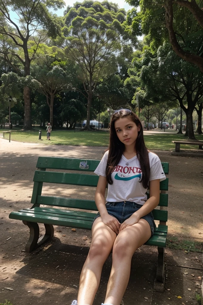 ruiva de 16 anorque, sentada em um banco de parque