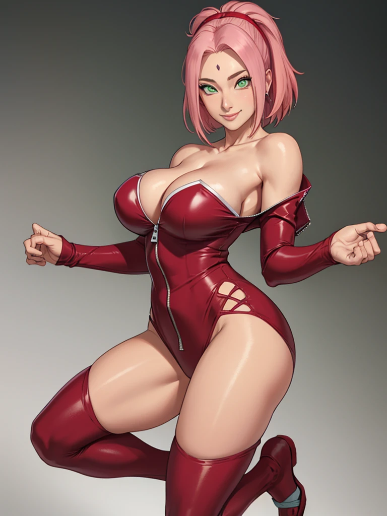 tmasterpiece,((dynamic pose)), Best quality at best, 1girl, Sakura Haruno, Large breasts,Off-the-shoulder attire,(ninja_bodysuit),(cleavage),(fullbody closeup),Raised sexy,is shy,ssmile,with pink hair, long whitr hair, (Green eyeballs:1.4), Forehead protection,Red clothes,Zipper half, Showing her big boobs, looking at viewer, beautiful eyes, sexy seductive smile, sensual beauty, sole girl
