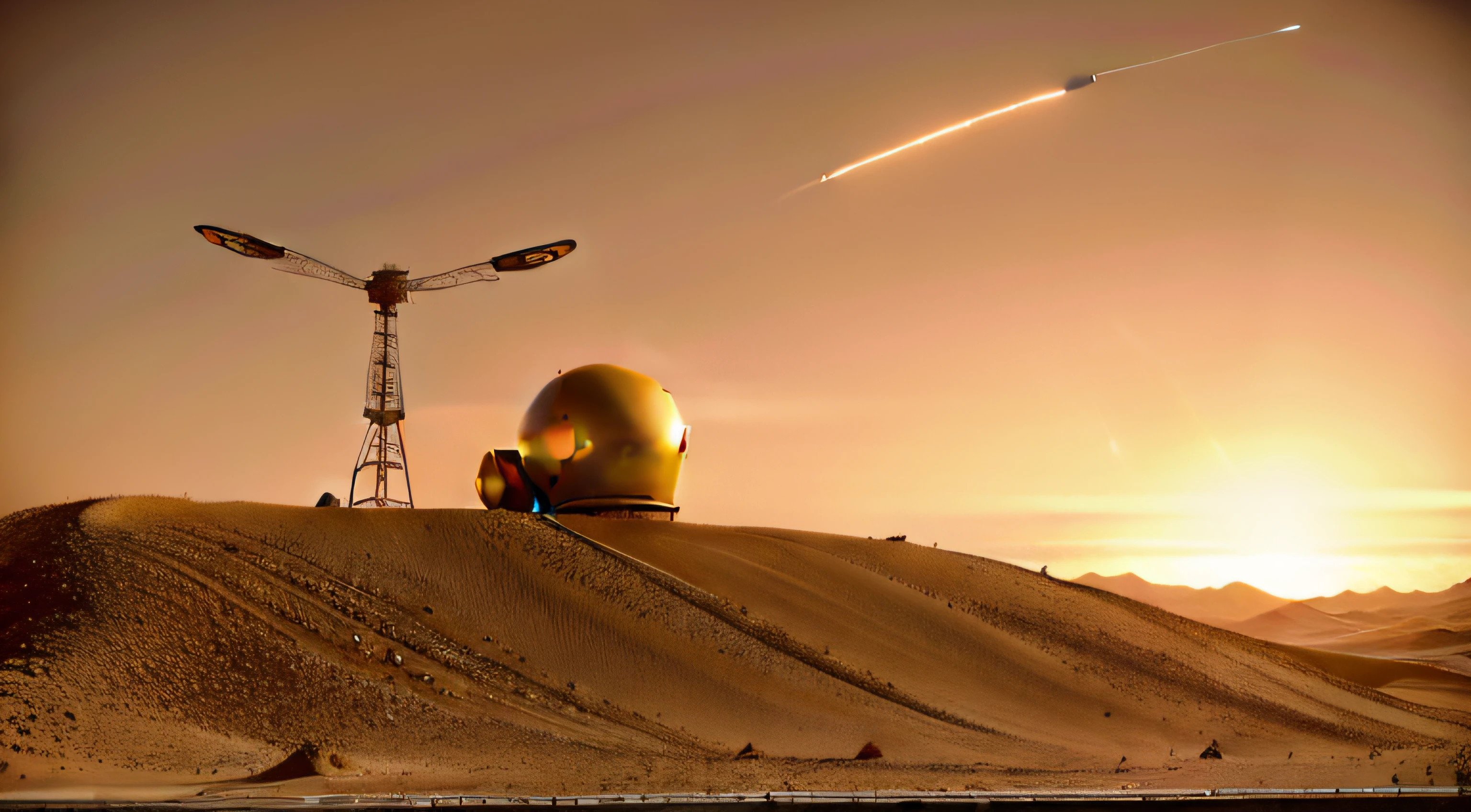 On Mars, multiple technological robotic arms are building streamlined scientific research buildings, streamlined housing and roads. Mars during the day, yellow sky, high-tech aircraft flying in the sky, engineering machinery, details of technological robotic arms, basic architectural details, ultra-wide-angle lens, high reality, light and dark contrast,