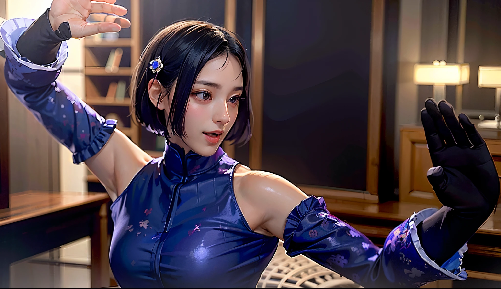 A dark-haired、Lolita、A smile、20yr old、((top-quality)), ((​masterpiece)), (high-detail:1.3), 。.。.。.3D, Beautiful fece , blue-purple clothes、qipao dress
