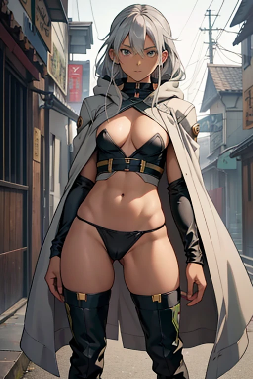 anime image of a girl with gray hair and a gray cape, green colored eyes, Girl in revealing clothes, rogue anime girl, pin on anime, long gray robe, gold edging, little chest, bare breast, bare thighs, no panty, loincloth, knee boots, dark-skin, , assassin, stands.