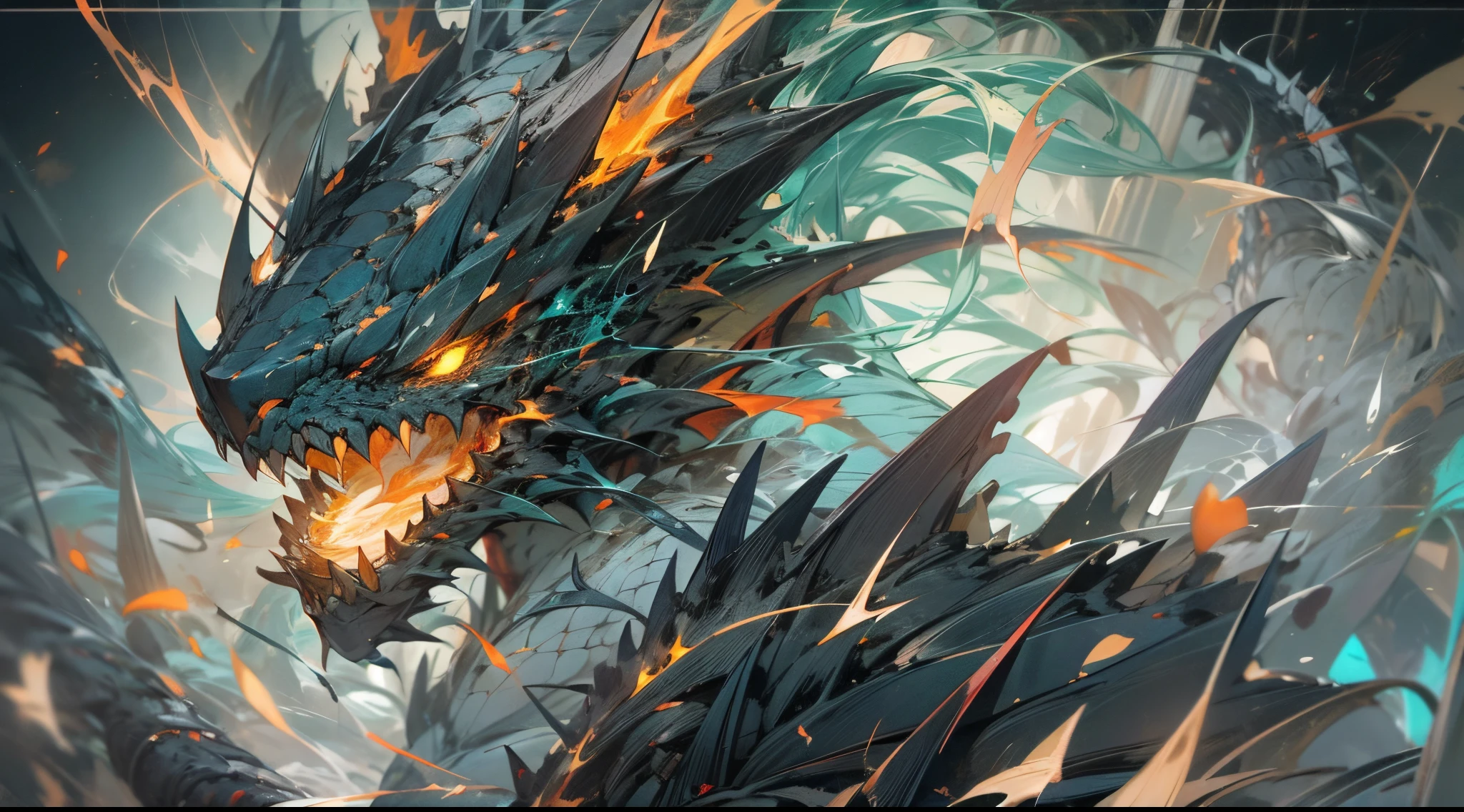 (tmasterpiece, Best quality), (The pupils burn like flames), (Monster face,Intense and vivid details,Vivid details of the monster's face,Very detailed description of the monster's face:1.1), Mechanized Dragon,surrounded by thick fog,,8K分辨率,Perverted'tmasterpiece,ink,like a dream, Powerful energy flow effect, Splash splinter and lightning effects,Mechanically constructed dragons,huge broken weapon,Roaring dragon,Glowing scales,Erupting steam,Black smoke,White scales,Cyan eyes,glowing light eyes,lotus flower,Bushy hair,