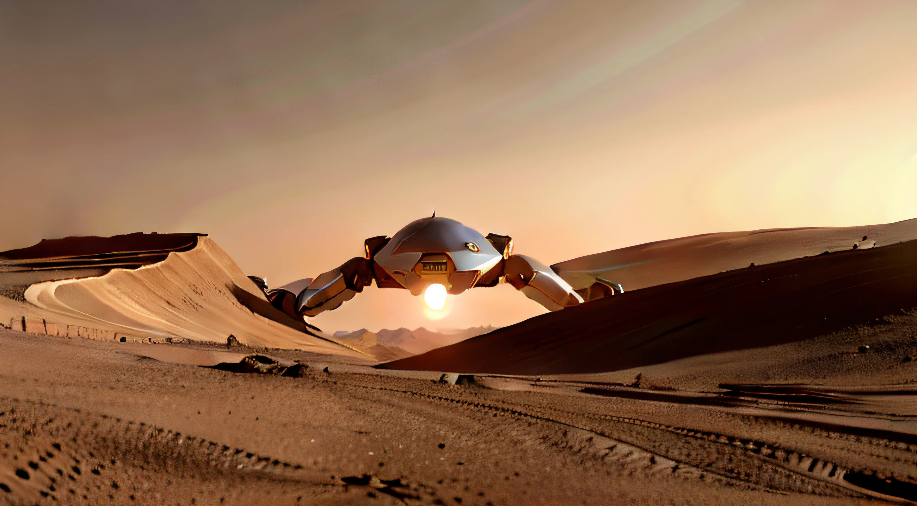 On Mars, multiple technological robotic arms are building streamlined scientific research buildings, streamlined housing and roads. Mars during the day, yellow sky, high-tech aircraft flying in the sky, engineering machinery, details of technological robotic arms, basic architectural details, ultra-wide-angle lens, high reality, light and dark contrast,