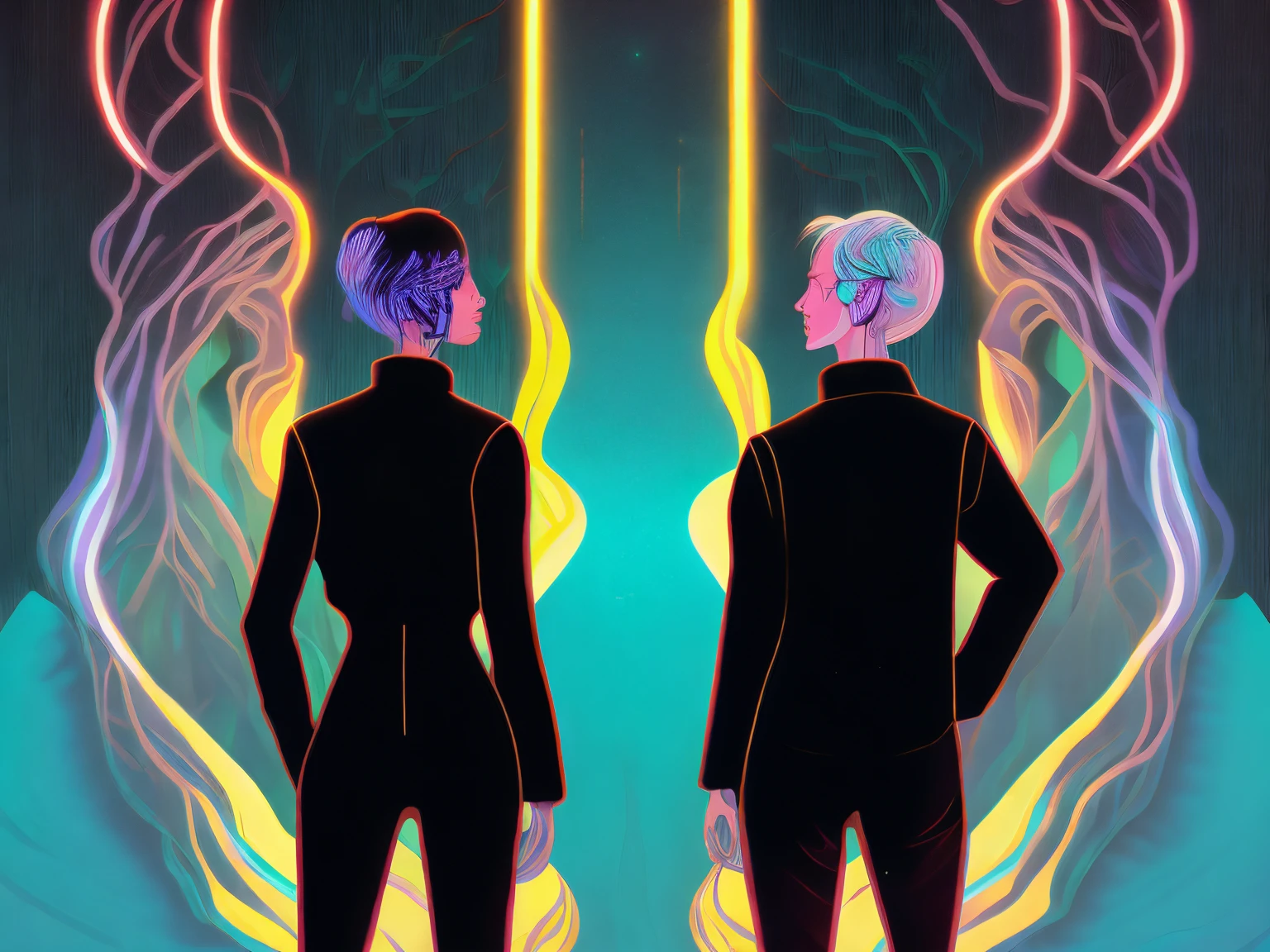 An illustration of two people with their backs to each other, cores neon por Kilian Eng