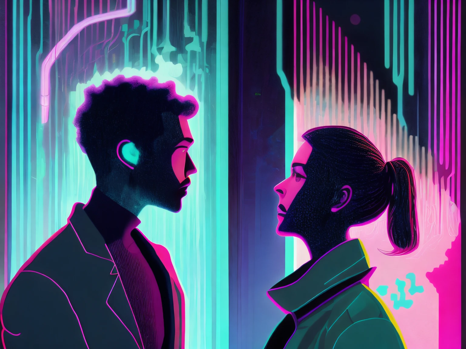 An illustration of two people looking at each other from the front, cores neon por Kilian Eng