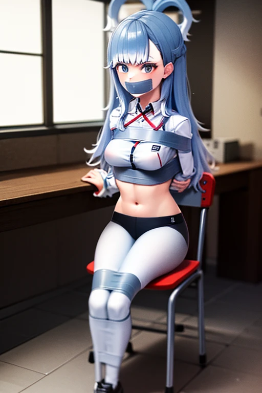 masterpiece, best quality, absurdres, perfect anatomy, 1girl, solo, KoboBase, see-through jacket, midriff, white jacket, tight pants, sleeves past wrists, open jacket, classroom,chair,tape bondage, arm behindback, tape gag,sitting, bondage,blindfold