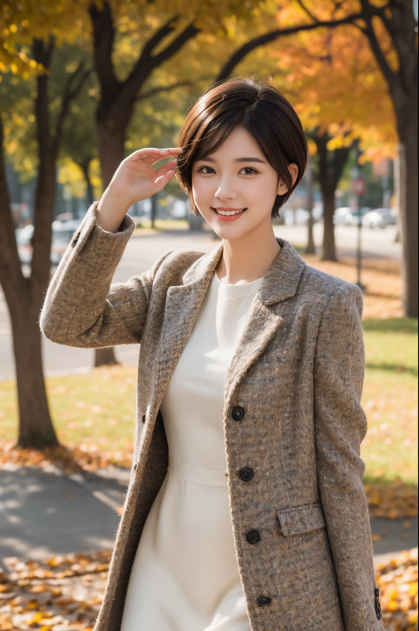 Gentle and cute girl,Short hair details,Autumn dress,Tweed coat,Toothy smile,Raise your right hand to your shoulder,full body photography effect,Photographic works,high high quality
