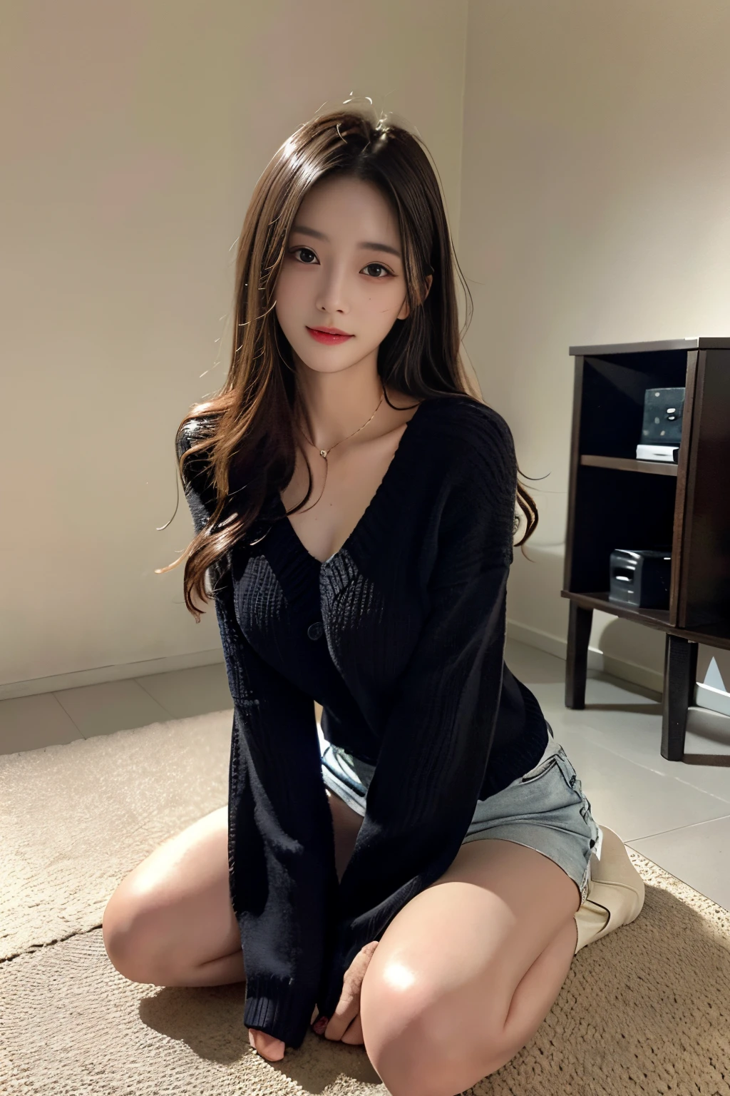 超A high resolution,masutepiece,Best Quality, Kneeling、sitting down on the floor、 (Shy smile:0.4)、 
extremely delicate face,Detailed eyes,very intricate,perfect glossy shiny skins,Perfect Lighting,Detailed Lighting,Dramatic shadows,Ray tracing,
1girll,full body Esbian,Black sweater,medium breasts⁩、