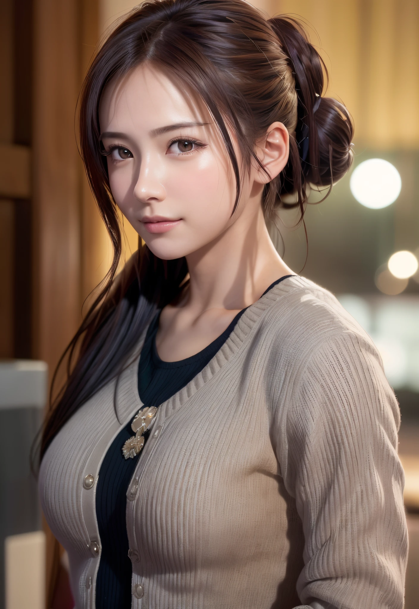 8K, of the highest quality, masutepiece:1.2), (Realistic, Photorealsitic:1.37), of the highest quality, masutepiece, Beautiful young woman, Pensive expression, Sexy smile, Stylish outfit, Hair tied back, Messy mood, Cinematic background, Tired, Light skin tone