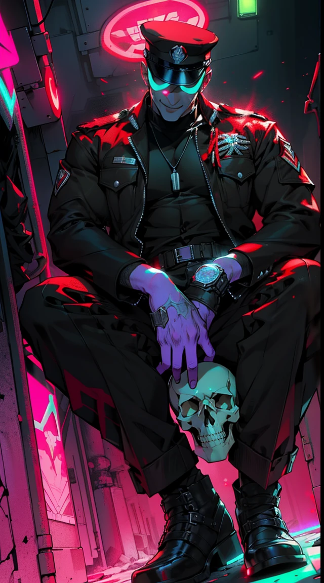 street fighter bison movie stills,(White-eyed) (Red military uniform)、(Red and black light emitted from clothes:1.7)、(Red military cap with skull emblem)、big muscle、Very large muscles、The background is simple black with a skull emblem.............、(6 feet tall)、sit in a big seat, Luxury seating、with big smiles on their faces、Splattering blood、View from below、