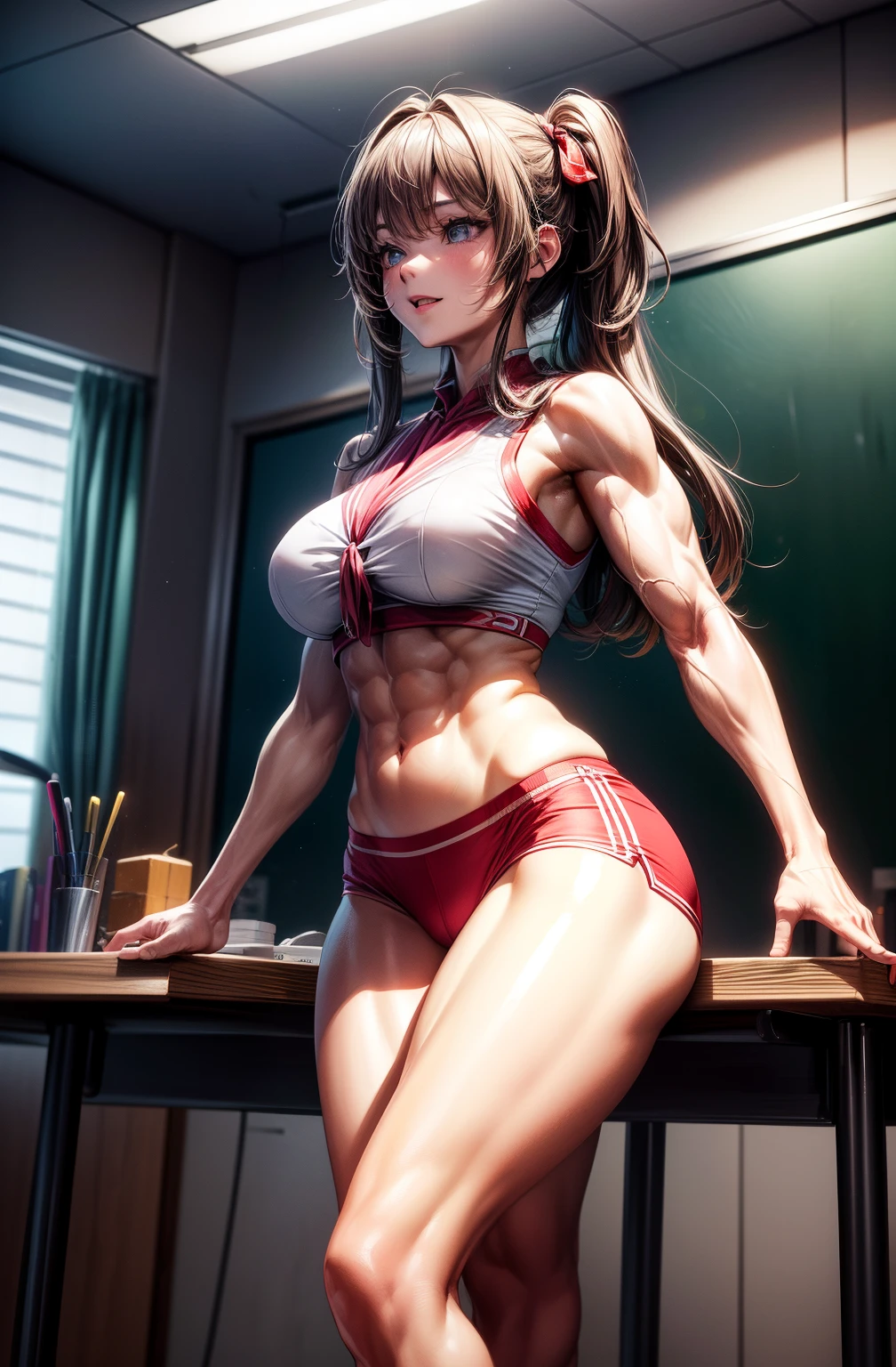 (best illuminate) , (Extremely complex and detailed) , 4K unification, (super-detailed CG: 1.2) , (8K: 1.2),(Original), (tmasterpiece) , (Best quality at best),(tmasterpiece:1.4),Anime-ish high quality,(tmasterpiece),tmasterpiece, Ultra-clear image quality,Clearer than the movie,(delicated face)Best quality at best, Huang Li,((Master of Peace, 4K, 8K, Sam, A high resolution))1 plump girl, female student,ssmile,in a school,校服,Bow knot,offcial dress,Build strong abdominal muscles,Perfect body proportion,The stands up,Exposing the abdomen, white apparel,The blood vessels on the arms are thick and bulging,springtime, Sports boots, perfect body figure, Long white hair full of anxiety, dynamicposes,legs exposed,Strong leg muscles ((body builder:1.0))(beautiful bace),(girl),(femele),(((Upper part of the body:1)))