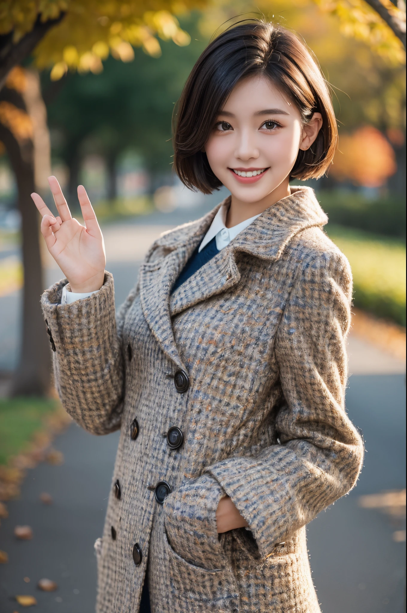 Gentle and cute girl，Short hair details，Autumn dress，Tweed coat，Toothy smile，Raise your right hand to your shoulder，full body photography effect，Photographic works，high high quality