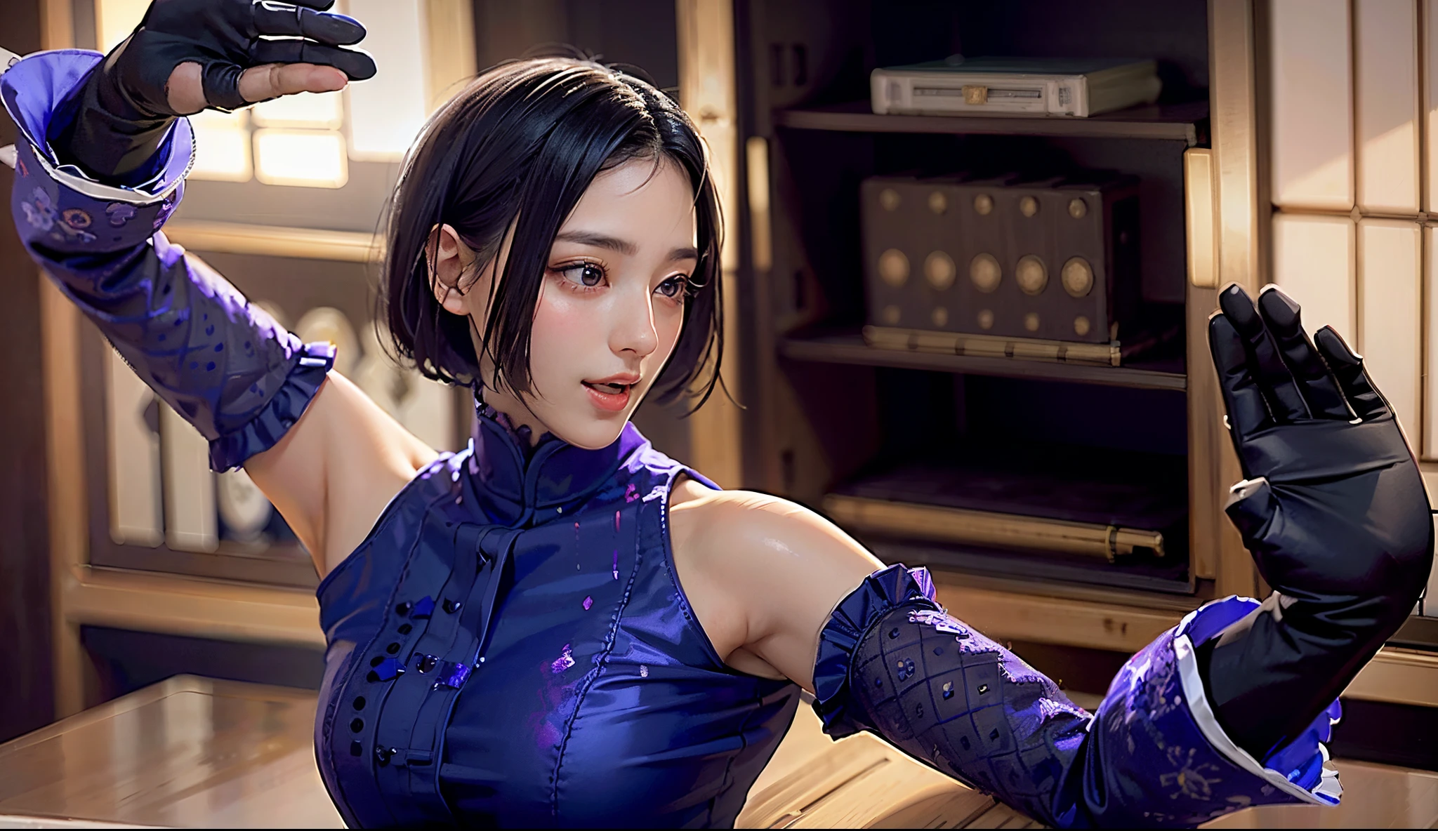 A dark-haired、ta、A smile、20yr old、((top-quality)), ((masterpiece)), (high-detail:1.3), 。.。.。.3D, Beautiful fece , blue-purple clothes、qipao dress