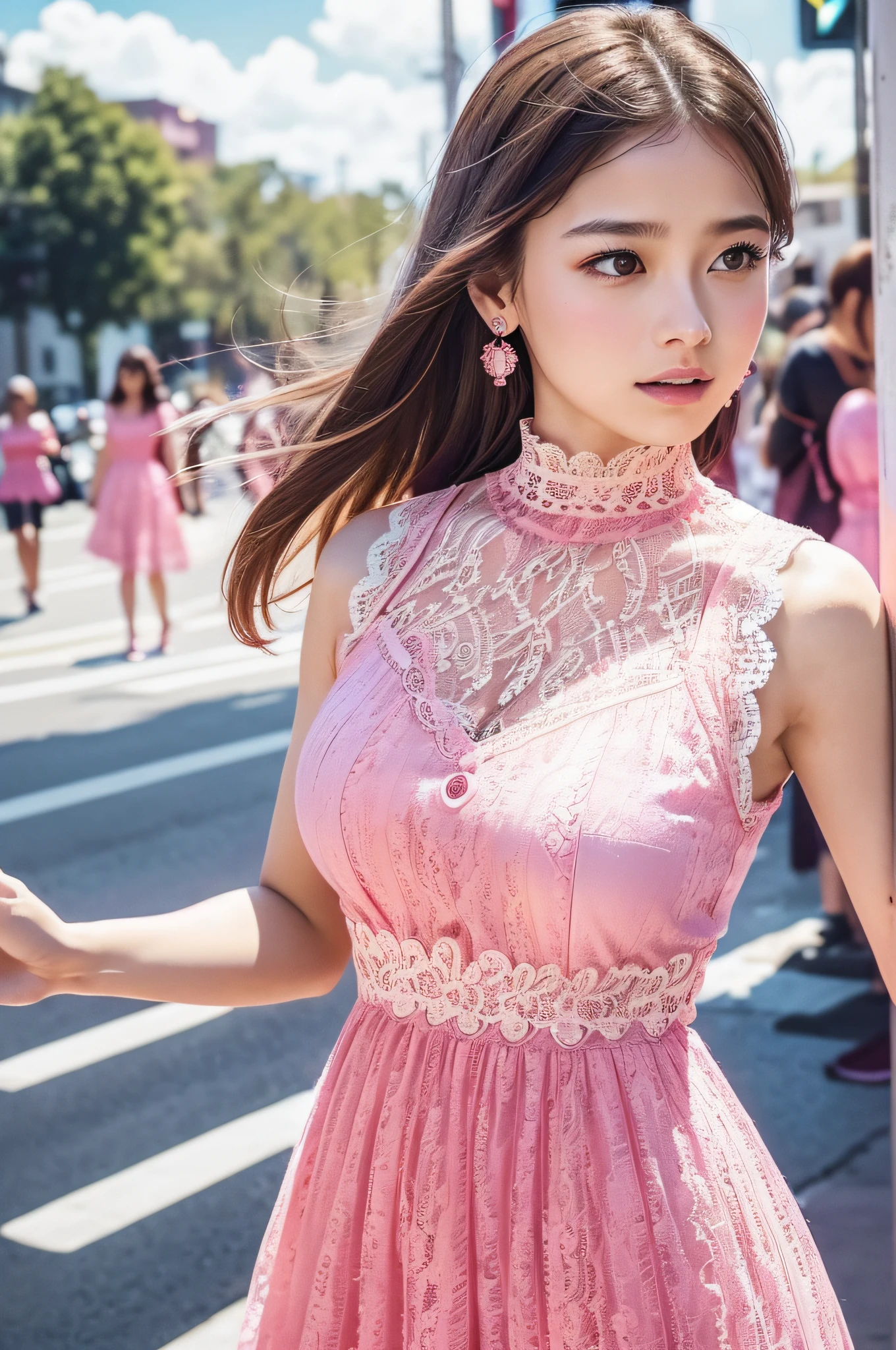 a woman posing on the street corner with pink dress on, best quality, high res, 8k, 1girl, (huge breasts), day, bright, outdoor, (street:0.8), (people, crowds:1), (lace-trimmed dress:1.5, pink clothes:1.5, pink high-neck dress:1.5, sleeveless dress, pink dress: 1.5), gorgeous, (medium hair), beautiful detailed sky, beautiful earrings, (dynamic pose:0.8), (upper body:1.2), soft lighting, wind, shiny skin, looking at viewer,