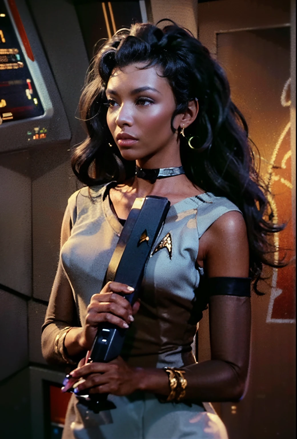 ((21-year-old))), black girl, (((light skin))), (((full body pose))),  (((long curly black hair))), (((wearing Star trek uniform dress, pantyhose, and heels))), (((holding a phaser))), (((metal choker))), (((starship scene))), scifi fantasy, Rich, Deep Colours, (intricate details:0.9), (HDR, hyper-detailing:1.2), (natural skin textures, hyper realisitc, glistening skin, soft light, Sharp),