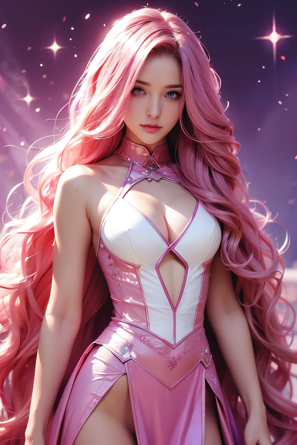 Woman, long curly hair, pink hair, eyes, combat outfit, medieval, magical background, powers, sexy, highlighted eyes