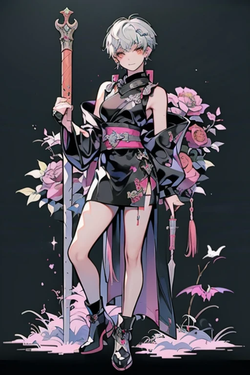 01_(Stylized character concept art), (1.full body figure), (3D character concept), (game character design).
  (Description of the hero), (a young man, a Shaolin monk who combines traditional elements of ancient Chinese martial masters and modern urbanized details of appearance). (A smoothly cropped head, a piercing gaze, this is a fighter, an artist, a cyber-mage. He has a strong physique, a bald head, a strong neck, shoulders, arms, strong legs). (Dressed in a loose silk kimono, decorated with traditional Chinese patterns; flowers, peonies, skulls, birds. A wide belt girds a strong torso, the open chest is covered with rosary beads. Arms and legs are protected by combat protective elements in a futuristic style, cyberpunk, cyber fighter. ! On her feet are cool white shoes, with thick soles!). (His weapon, the magic of fine arts, is armed with a long pole, this is a technological device, vaguely reminiscent of a traditional fighting pole, metal, electronic, cyber weapons. With the help of virtual images, the Fighter Monk is able to recreate various elements in space; dragons, demons, birds, flowers, and dead people. He is depending on the level of accumulated energy and the presence of “primary elements”).
02_The image is made in the style of a concept sheet, white background, (one character, full height), weapons in hands, (spectacular dynamic - combat pose with a pole, creates a combat phantom in space). (Clothing colors, muted orange, metal elements, plastic; Cyberpunk style, future fighter).
03_Stylization, game character concept, white background, one full-length hero. Stylization; fantasy - cyberpunk, Riot Games, League of Legends, World of Warcraft. 3D character, game model, high quality – artistic hand-drawn 2D textures; (diffusion, transparency, glow, relief.) Rich, balanced color scheme, linear graphic outline in black.