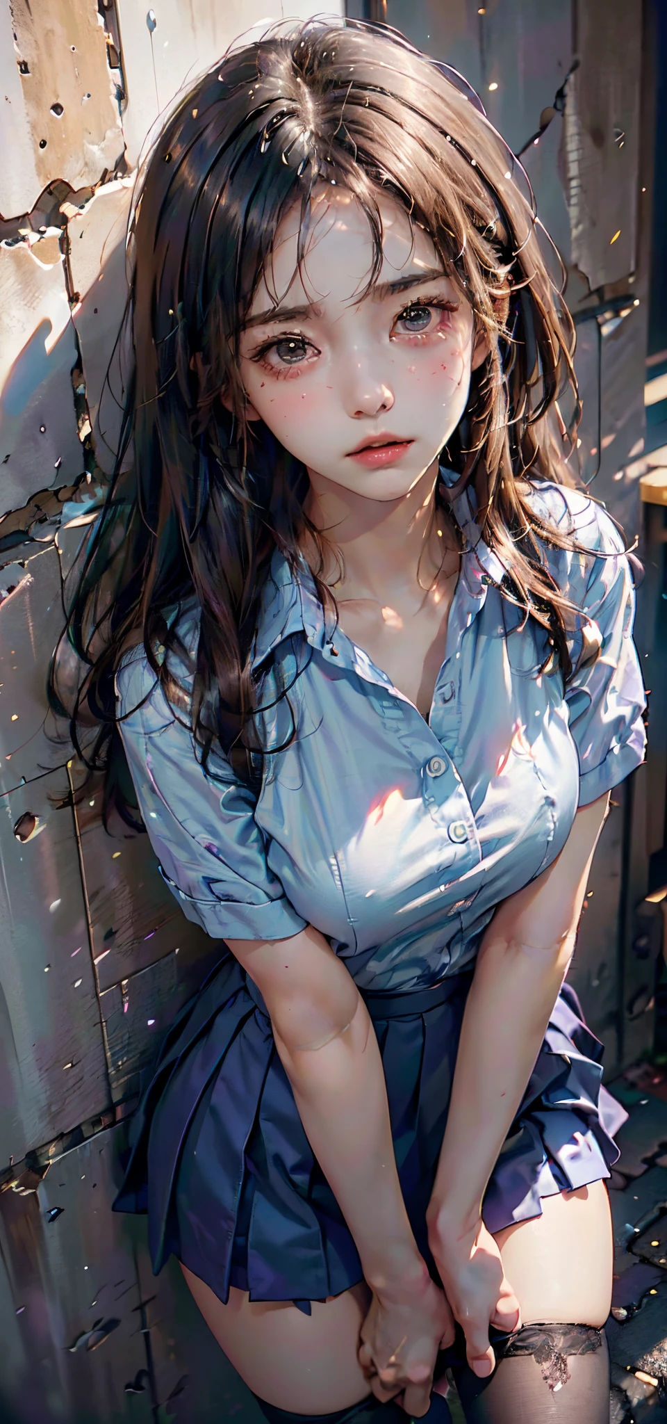 ((Medium-breasted, 15-year-old girl, small head)), ((15)), (Perfect Body: 1.1), (Young), (Short Wavy Hair: 1.2), Full Body Shot, (Girl in Uniform: 1.4, Pleated Skirt, Button Up Shirt), (((School Uniform)), (Highly Detailed CG 8k Wallpaper), (Very Delicate and Beautiful), (Masterpiece), (Best Quality: 1.0), (Ultra High Resolution: 1.0), beautiful lighting, perfect lightning, realistic shadows, [Hi-Res], Skin Detail, Ultra Detail, (Legs Spread), (Legs Up), Slim Body) Bent, Big Earrings, Thighs, (Beautiful Long Hair),, Thin Clavicle, Soft Navel, Soft Midriff, Soft Back, Angle from Above, Sweaty, Beautiful Breasts, Blush photorealistic, realistic face, realistic eyes, small eyes, grinning ((((colorful)))) ((cleavage))), (eyeliner), (mascara), ((thick  on the body)), ((very sweaty)), (high detail skin)))), (body wet))((wet thighs)), ((spread thighs)), ((thick  dripping from the body)))), ( (Hands on thighs))