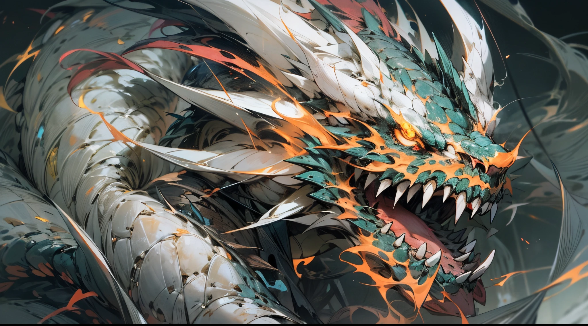 (tmasterpiece, Best quality at best), (The pupils burn like flames), (Monster face,Intense and vivid details,Vivid details of the monster's face,Very detailed description of the monster's face:1.1), Mechanized Dragon,surrounded by thick fog,,8K分辨率,Perverted'tmasterpiece,ink,like a dream, Powerful energy flow effect, Splash splinter and lightning effects,Mechanically constructed dragons,huge broken weapon,Roaring dragon,Glowing scales,Erupting steam,Black smoke,White scales,Cyan eyes,glowing light eyes,Bushy hair,The halo,Black spar