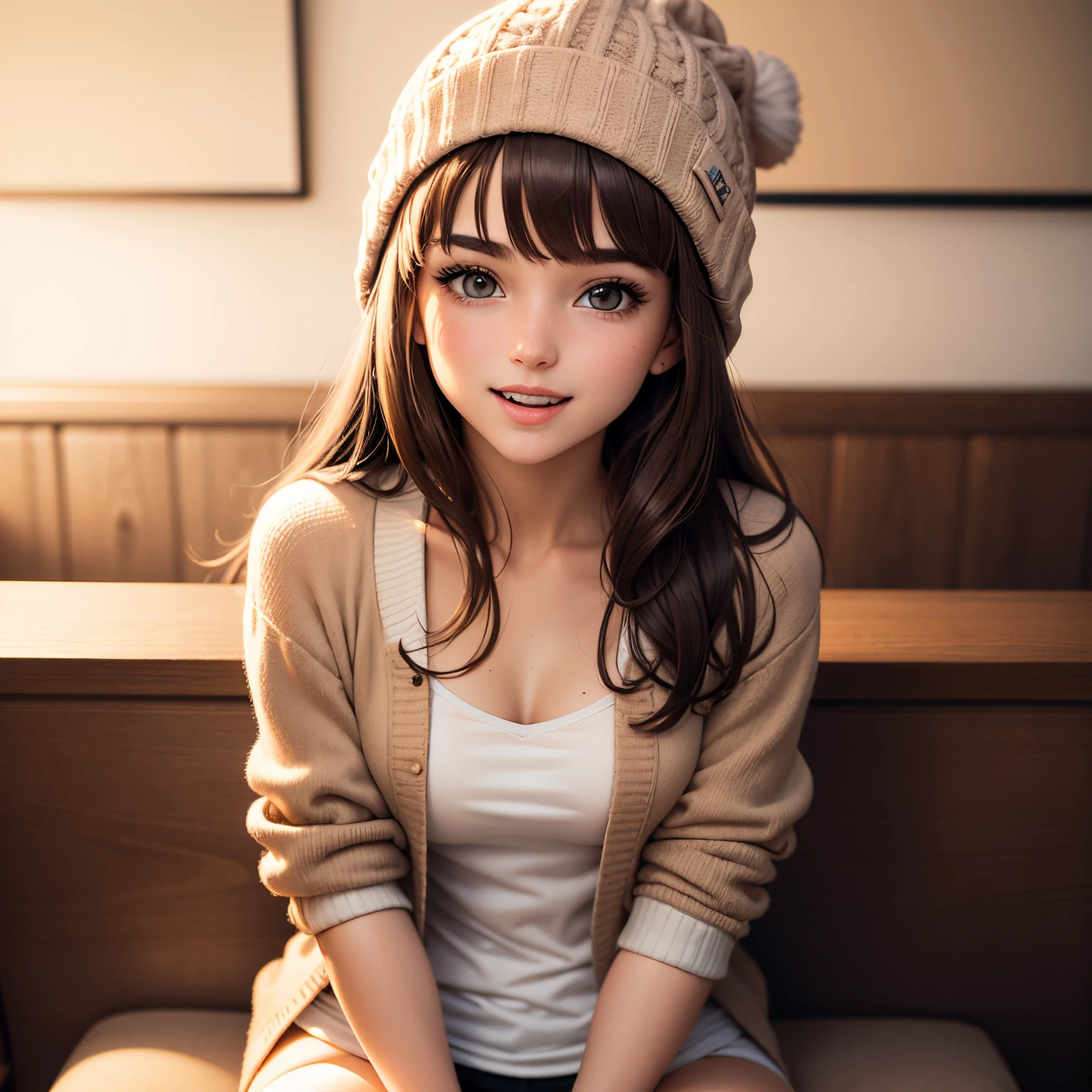1girl in, Autumn leaves, Bangs, black headwear, Blurry background, blush, Brown eyes, Brown hair, (Accurate Hand Modeling),Cowboy Shot,Beanie, Holding,Long hair, Looking at Viewer, Open mouth, Open Shirt, tuck out the shirt, Smile, Solo, Extremely detailed, Convoluted, masutepiece, absurderes,sit naked in a hotel chair,White panty,open one's legs,