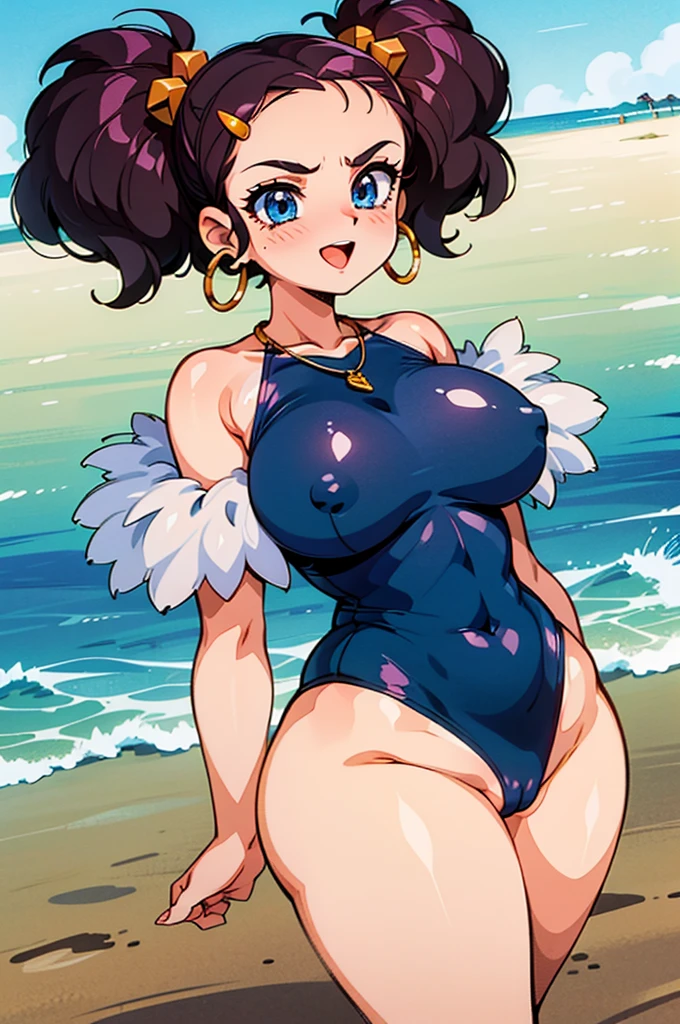 "(masterpiece:1.1), best quality, NSFW,
1girl, gyaru, (80s anime style:1.3), (eyelashes:1.5), (:1.2),
(intricate high detailed body:1.2),
black hair,
(forehead, parted bangs, hairclip:1.1), (wavy twintails:1.1),
blue eyes,
(oiled skin:1.3), (curvy body:1.2), (gigantic breasts:1.5),
(angry, smile:1.2), (open mouth, tongue out, blush:1.2),
(sexy lace swimsuit:1.1),
jewelry, hoop earrings, necklace, hair ornament,
standing, dynamic pose,
(cowboy shot:1.1),
(daytime, beach:1.2)"