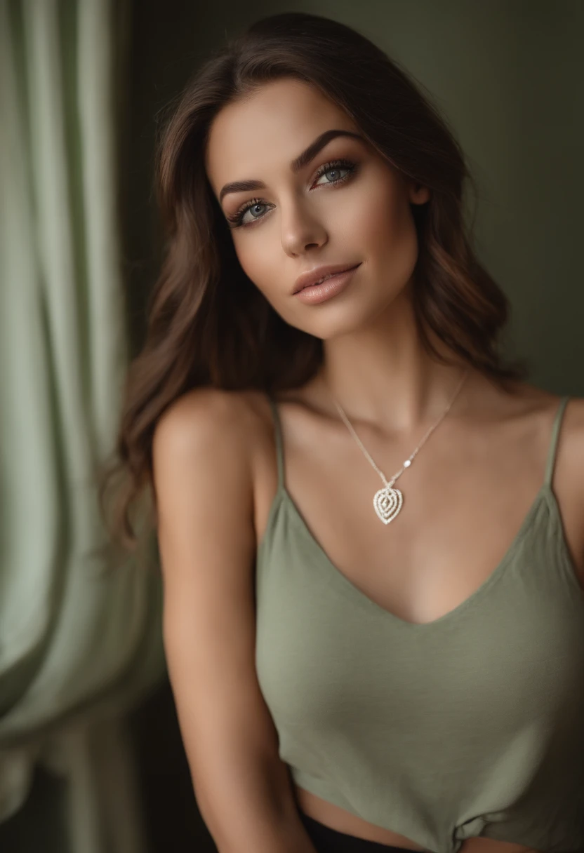 Arafed woman with a white tank top and necklace, fille sexy aux yeux verts, Portrait Sophie Mudd, cheveux bruns et grands yeux, selfie of a young woman, Yeux de chambre, Violet Myers, sans maquillage, maquillage naturel, looking straight at camera, Visage avec Artgram, Maquillage subtil, Superbe photo du corps entier, piercing green eyes, Bel angle, pose attrayante, fille mignonne, sexy pose, Image du corps entier, corps entier, Prise de vue du corps entier, brunette goddess, High detail, pose satisfaite, Pantalon en cuir