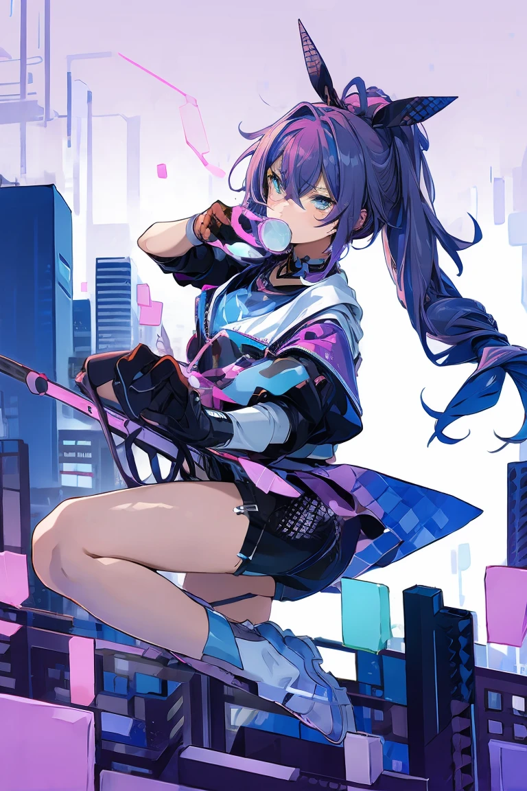 long hair, mole under mouth, purple hair, ponytail, hair between eyes, cyan eyes, bubble gum, ahoge, 1girl, city, night, shorts, gun