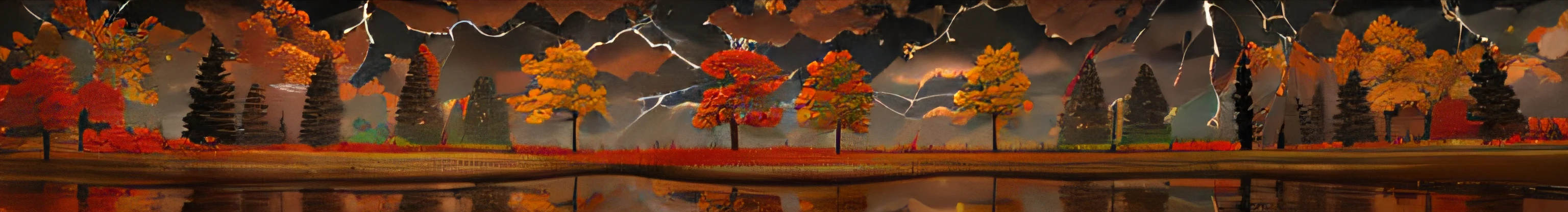 autumn landscape, trees, dark sky, cloudy, storm incoming, path in the foreground, sideview, path from right to left, realistic