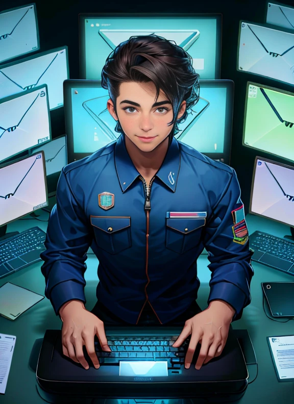 behind view, superrealista, superdetallado, latino, email icons on computer, Lenguaje corporal de liderazgo, Perfect anatomy, hombre  joven, descalzo, cuerpo delgado muy delgado, detailed muscles, latino, Sonrisa oculta, Peaceful look, Bonita sonrisa, sitting in front of a laptop. The person is typing an email on the keyboard.. Email envelope icons float on the edge of the laptop screen. Email envelope icons are of different colors and sizes.. Some of the icons have arrows pointing up., indicating that emails are being sent. Other icons have arrows pointing down., indicating that emails are being received. mirar, descalzo, Camisa, working at a modern desk with multiple computer screens showing statistics and flowcharts. email icons on computer, Grandes ventanales para ver el lago, Your workspace is neat and organized.