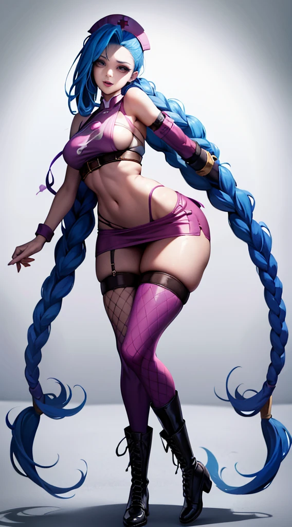 Jinx nurse,nurse hat,(White nurse costume),Rose tattoo,big laughter,Blue twist braid,With a huge needle,The needle stands taller than a person。Runaway Lori,League of Legends ,de cuerpo completo,(kneehigh boots)),purpleish color,(fishnet leggings),(standing on your feet),The background is dark and tough,There is a sense of danger and intensity。