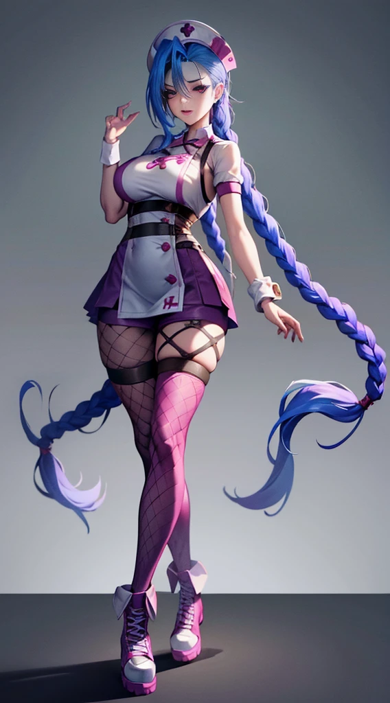Jinx nurse,nurse hat,(White nurse costume),Rose tattoo,big laughter,Blue twist braid,With a huge needle,The needle stands taller than a person。Runaway Lori,League of Legends ,de cuerpo completo,(kneehigh boots)),purpleish color,(fishnet leggings),(standing on your feet),The background is dark and tough,There is a sense of danger and intensity。