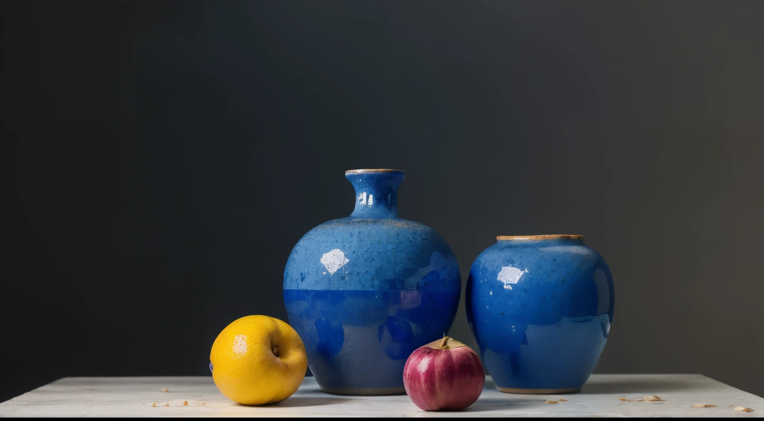 masterpiece),(best quality),(still_life:1.3),no humans, (fruit:0.5), china blue, simple background,realistic ,ground glass, 8K, Ultra-HD, hyper-realistic, color vibrant, 8k, detailed, ultra detail, soothing tones,