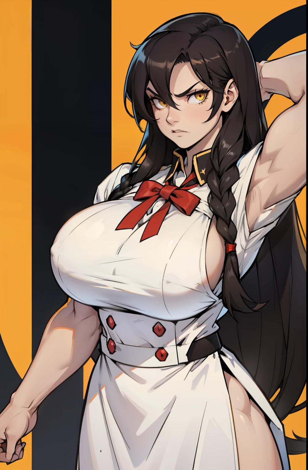 ((1 girl)) angry very long hair pale skin black hair yellow eyes ((muscular)) (huge breasts) waitress