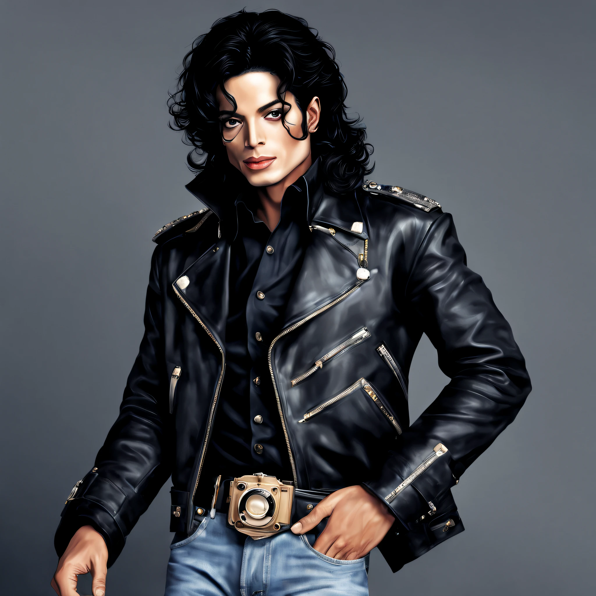 Michael Jackson, with a very handsome face, has no hair on his face, just the skin on his face, curved eyebrows, with a hole in his chin, thin nose, half-angled, half-oval face, long, curly black hair, with a camera in his hand to take photo, stylized photographic style clothing, hyper realistic details.