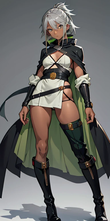 anime image of a girl with gray hair and a gray cape, ****, green colored eyes, Girl in revealing clothes, rogue anime girl, pin on anime, long gray tunic, gold edging, little chest, bare breast, bare thighs, knee boots, dark-skin,  assassin, stands.