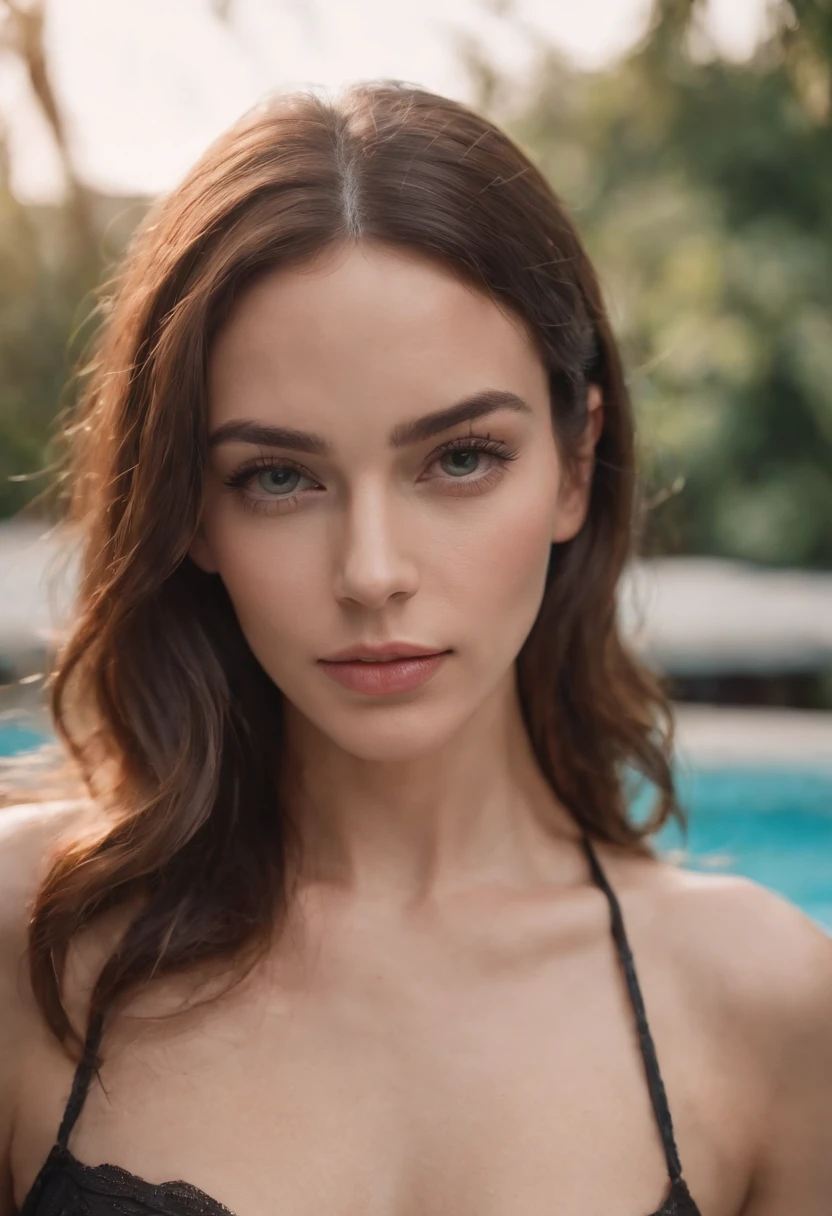 arafed woman with a one piece swim suit, sexy girl with green eyes, black hair and large blue eyes, selfie of a young woman, bedroom eyes, violet myers, without makeup, natural makeup, looking directly at the camera, face with artgram, subtle makeup, stunning full body shot, piercing green eyes, in a swimming pool
