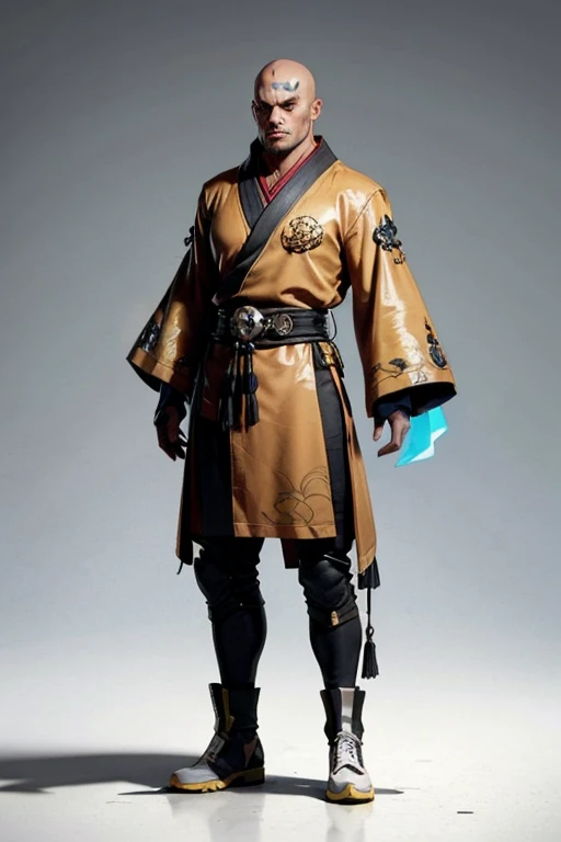 01_(Stylized character concept art), (1.full body figure), (3D character concept), (game character design).
(Description of the hero), (a young man, a Shaolin monk who combines traditional elements of ancient Chinese martial masters and modern urbanized details of appearance). (A smoothly cropped head, a piercing gaze, this is a fighter, an artist, a cyber-mage. He has a strong physique, a bald head, a strong neck, shoulders, arms, strong legs). (Dressed in a loose silk kimono, decorated with traditional Chinese patterns; flowers, peonies, skulls, birds. A wide belt girds a strong torso, the open chest is covered with rosary beads. Arms and legs are protected by combat protective elements in a futuristic style, cyberpunk, cyber fighter. ! On her feet are cool white shoes, with thick soles!). (His weapon, the magic of fine arts, is armed with a long pole, this is a technological device, vaguely reminiscent of a traditional fighting pole, metal, electronic, cyber weapons. With the help of virtual images, the Fighter Monk is able to recreate various elements in space; dragons, demons, birds, flowers, and dead people. He is depending on the level of accumulated energy and the presence of “primary elements”).
02_The image is made in the style of a concept sheet, white background, (one character, full height), weapons in hands, (spectacular dynamic - combat pose with a pole, creates a combat phantom in space). (Clothing colors, muted orange, metal elements, plastic; Cyberpunk style, future fighter).
03_Stylization, game character concept, white background, one full-length hero. Stylization; fantasy - cyberpunk, Riot Games, League of Legends, World of Warcraft. 3D character, game model, high quality – artistic hand-drawn 2D textures; (diffusion, transparency, glow, relief.) Rich, balanced color scheme, linear graphic outline in black.