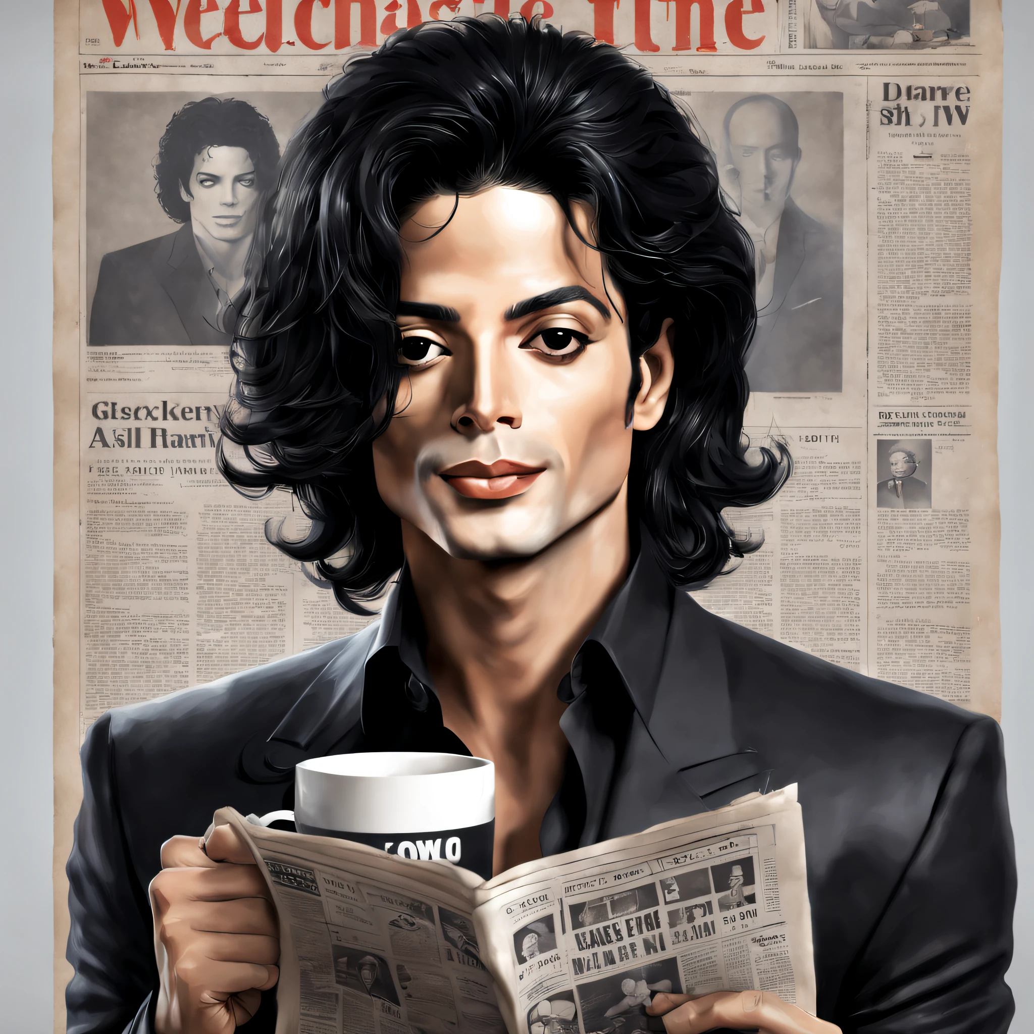 Michael Jackson, with a very handsome face, has no hair on his face, just the skin on his face, curved eyebrows, with a hole in his chin, thin nose, half-angled, half-oval face, long, curly black hair, drinking a coffee and reading a newspaper, stylized photographic style clothing, hyper realistic details.